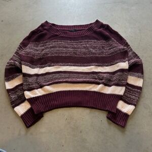 Mine Womens Burgundy Cream Striped Knit Sweater Long Sleeve Scoop Neck Large